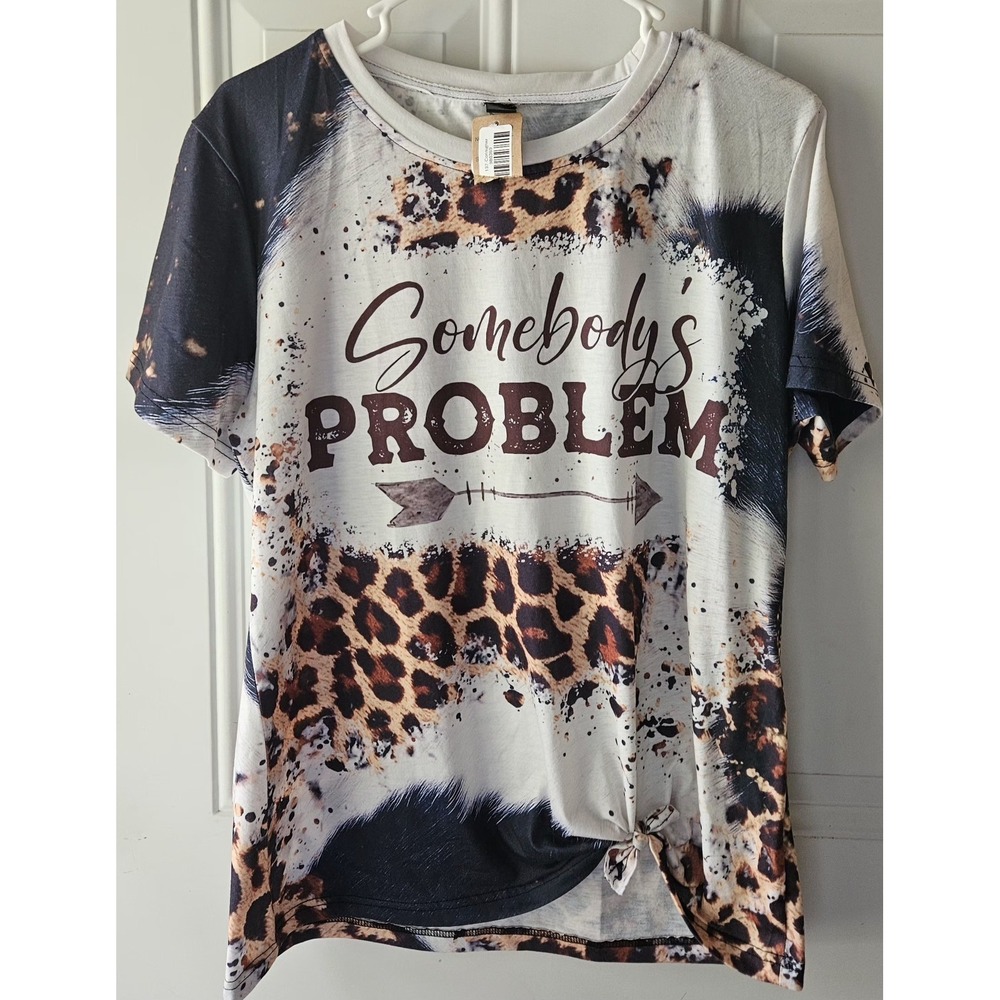 Womens XL Somebody's Problem Leopard Print Graphic Tee Western‎ Tie Front Top